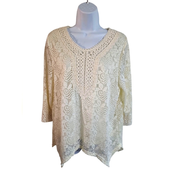 Lauren Michelle Lace Blouse Large Ivory Lined Sharkbite Hem Boho Peasant Top - Picture 2 of 6